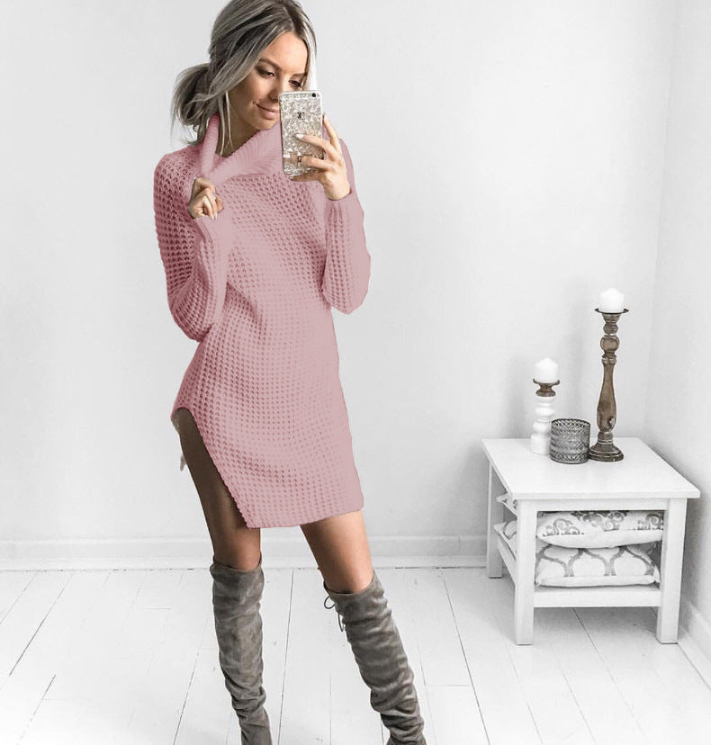 Damen Strickpullover Hochkragen Seitenschlitz Eveloria
