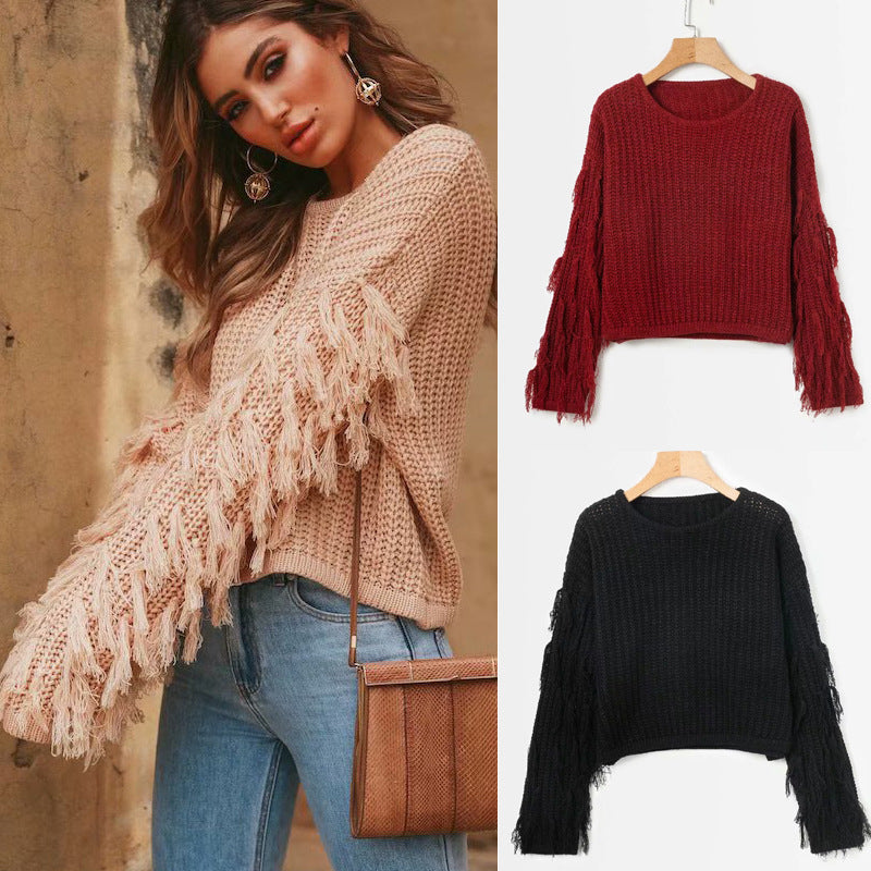 Damen Strickpullover mit Fransen Ärmeln und Struktur Oberfläche - Eveloria