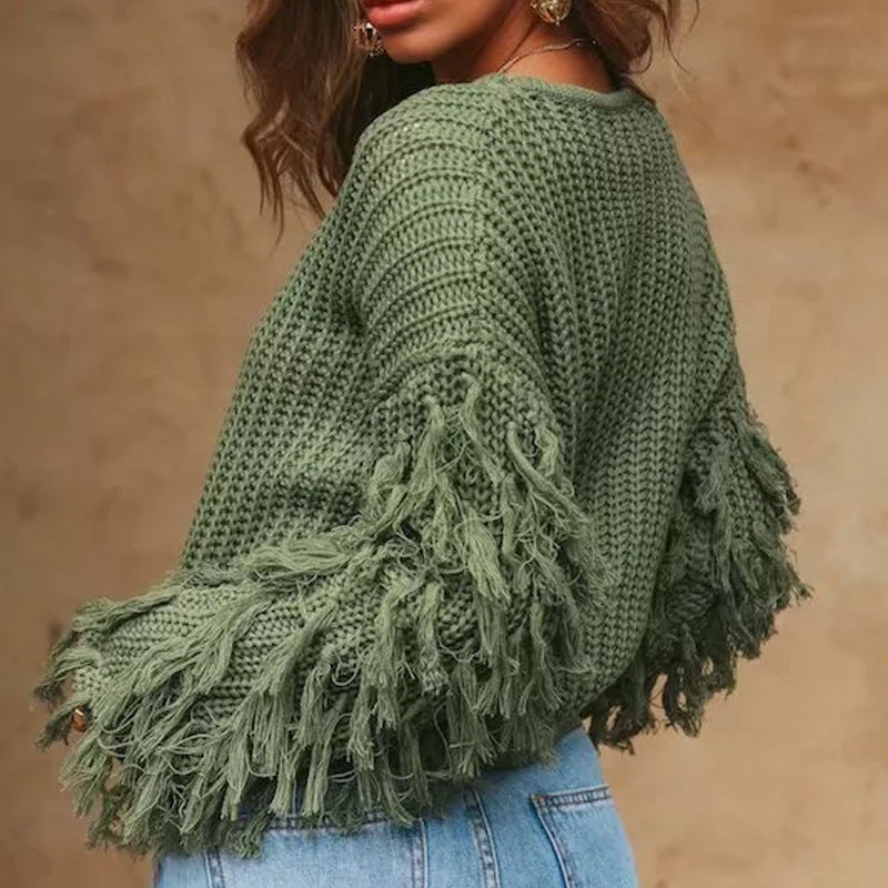 Damen Strickpullover mit Fransen Ärmeln und Struktur Oberfläche