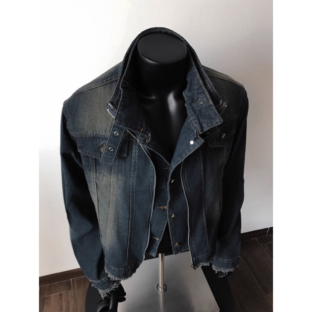 Dunkelblaue Jeansjacke Ausgefranster Saum Unisex