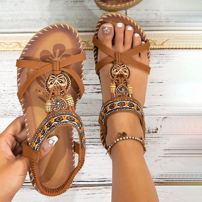 Damen Sandalen Boho Stil Elastikriemen Beige