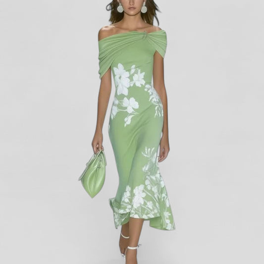 Damen Blumen Off-Shoulder Midi-Kleid - Eveloria