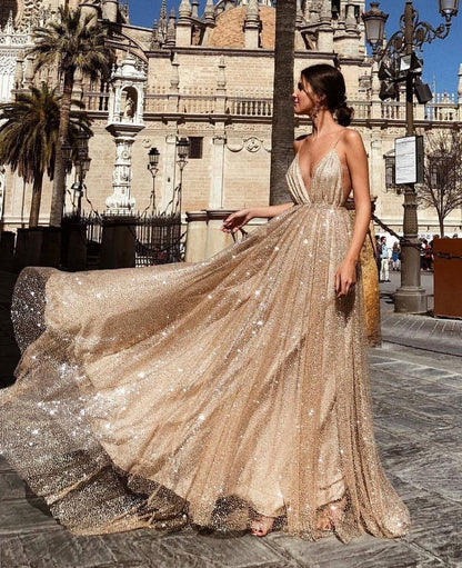Damen Abendkleid Tüll V-Ausschnitt Schimmernd Eveloria