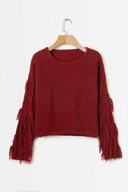 Damen Grobstrickpullover Fransige Ärmel Eveloria