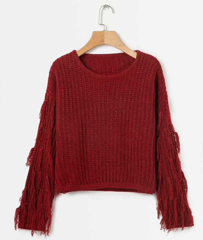 Damen Strickpullover mit Fransen Ärmeln Komfortschnitt