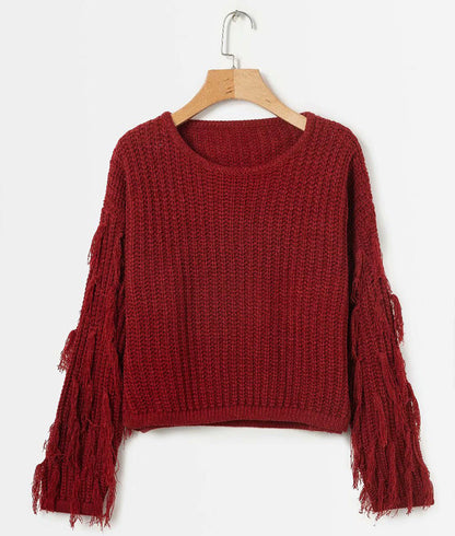 Damen Strickpullover mit Fransen Ärmeln Komfortschnitt
