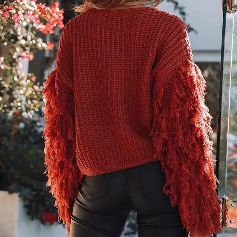 Damen Strickpullover mit Fransen Ärmeln und Struktur Oberfläche