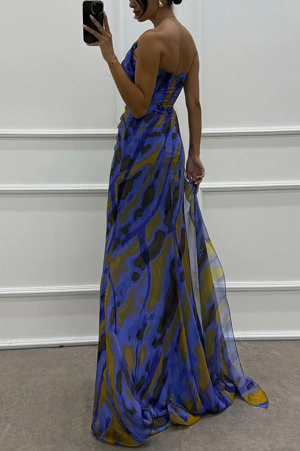 Damen Abendkleid Schulterfrei Maxilänge Hochschlitz