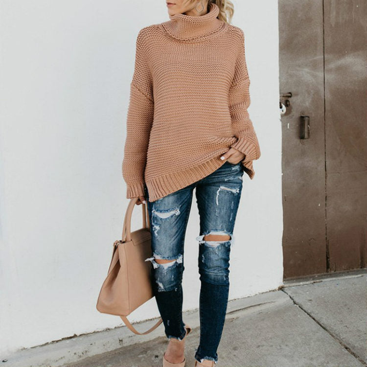 Damen Grobstrickpullover Hochkragen Strukturiert Eveloria