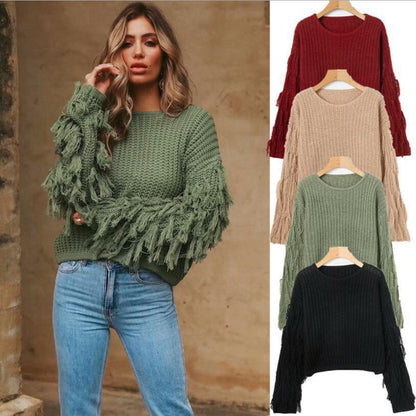 Damen Grobstrickpullover Fransige Ärmel Eveloria - Eveloria