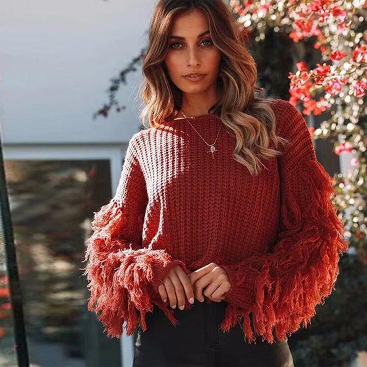 Damen Strickpullover mit Fransen Ärmeln und Struktur Oberfläche