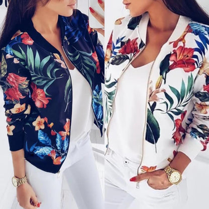 Damen Blousonjacke Tropisches Blumenmuster Elastisch
