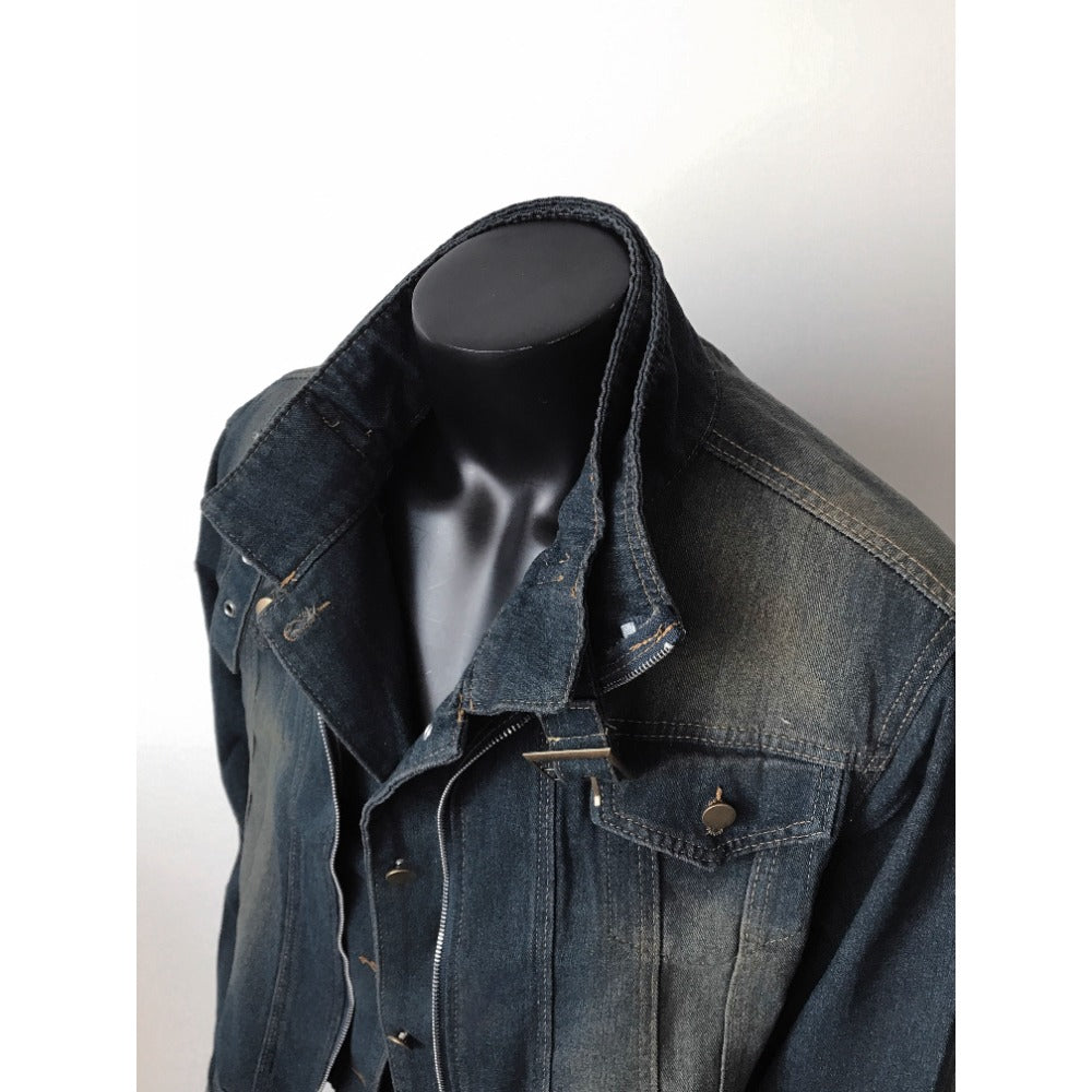 Dunkelblaue Jeansjacke Ausgefranster Saum Unisex