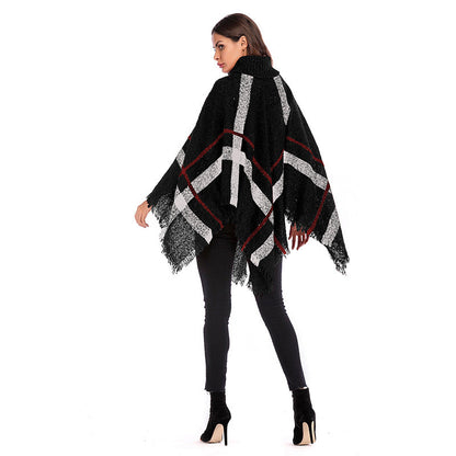 Damen Oversized Poncho Rollkragen Karomuster
