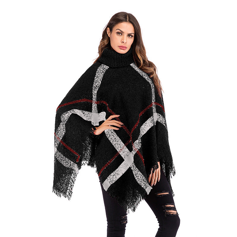 Damen Oversized Poncho Rollkragen Karomuster