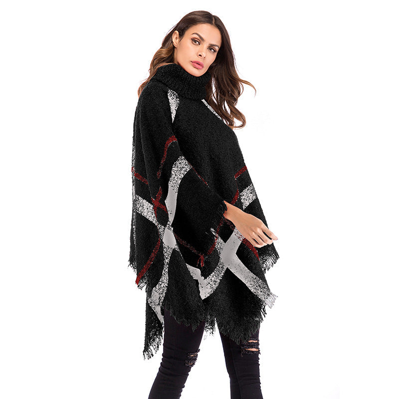 Damen Oversized Poncho Rollkragen Karomuster