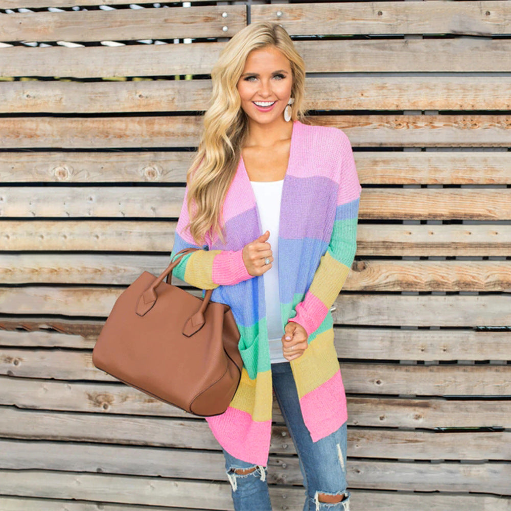 Damen Strickjacke Bunt Blockmuster Taschen