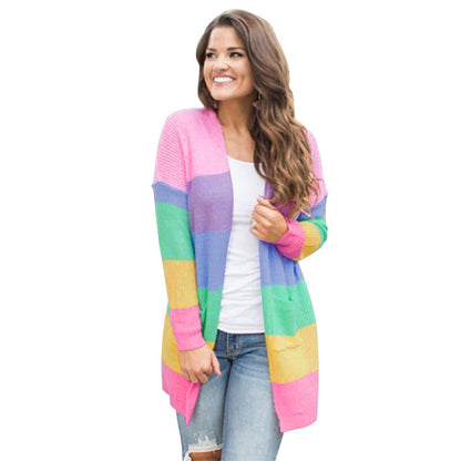 Damen Strickjacke Bunt Blockmuster Taschen
