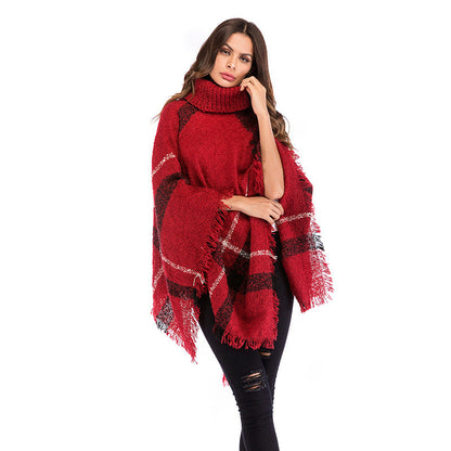 Damen Oversized Poncho Rollkragen Karomuster