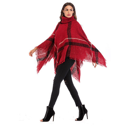 Damen Oversized Poncho Rollkragen Karomuster