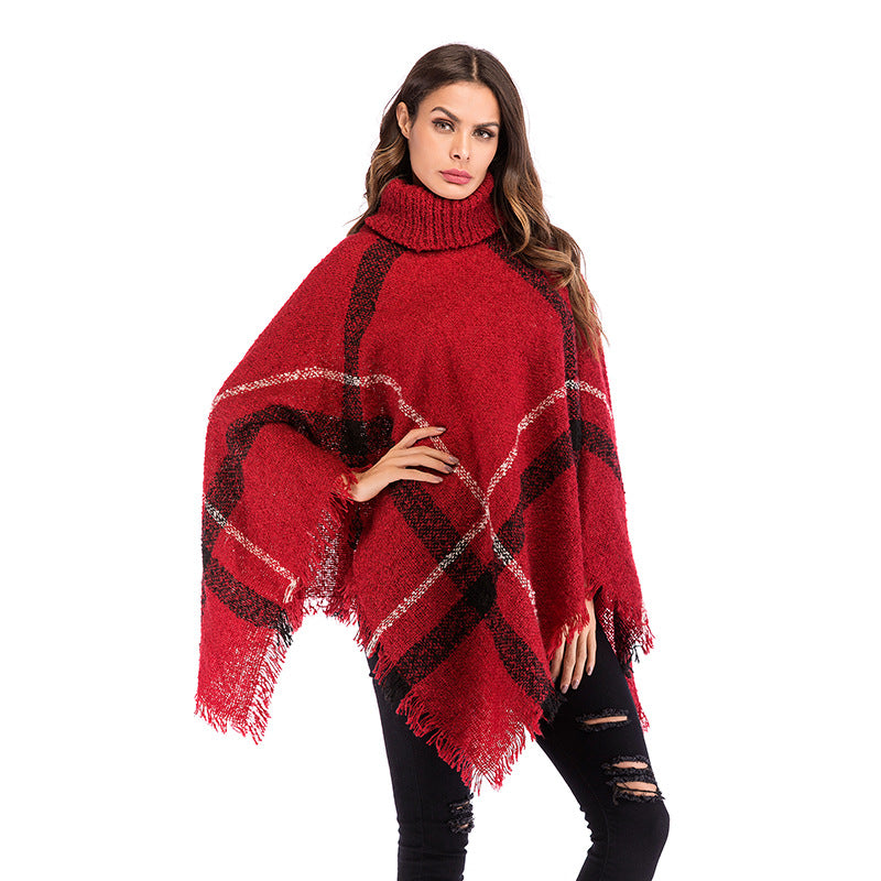 Damen Oversized Poncho Rollkragen Karomuster