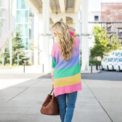 Damen Strickjacke Bunt Blockmuster Taschen