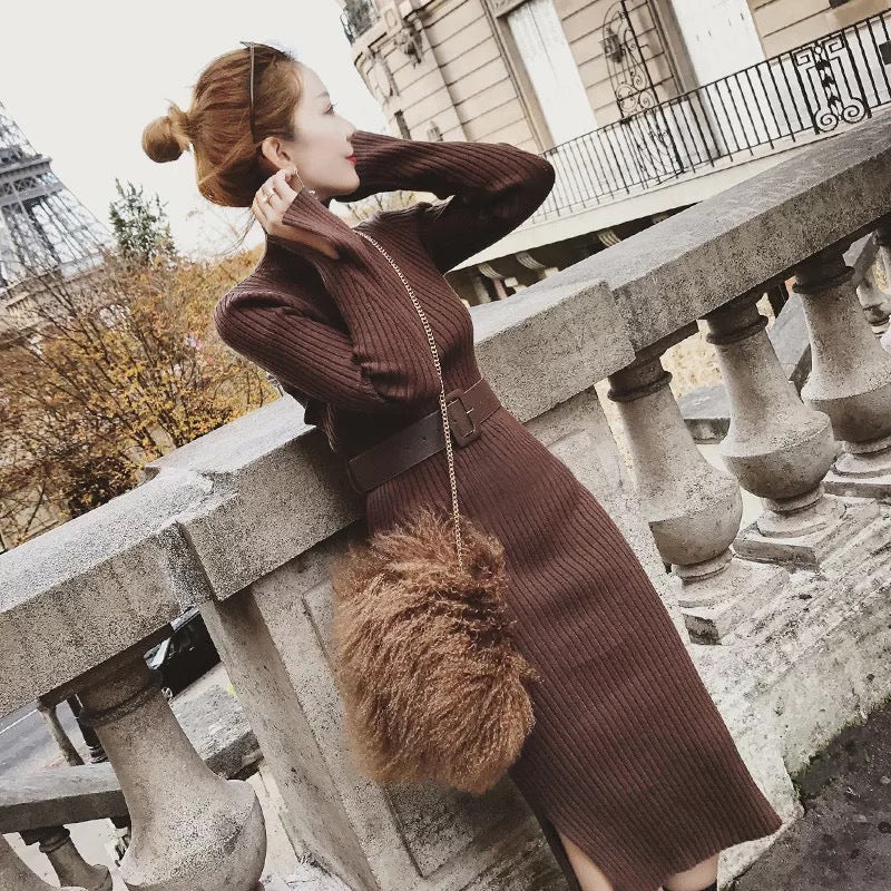 Damen Strickkleid mit Gürtel und hohem Kragen
