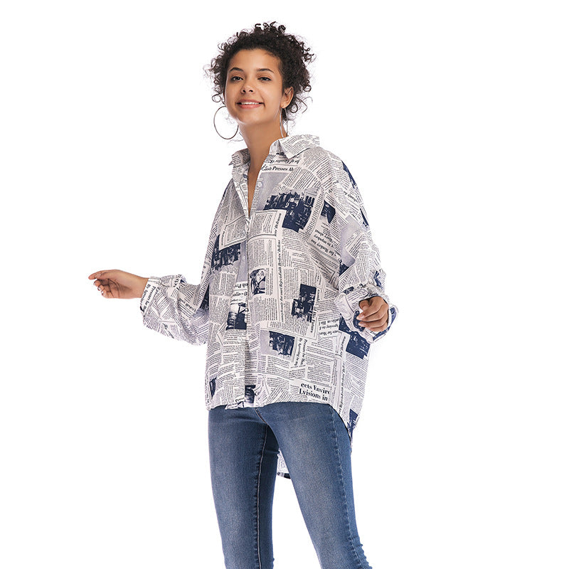 Damen Hemdbluse Zeitungsdruck Oversized Schnitt