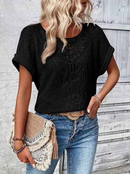 Eveloria Damen T-Shirt Rundhals Spitzenspleiß Weiß - Eveloria