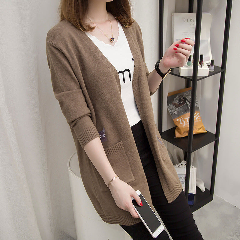 Damen Strickjacke Tiermuster Tiefen Taschen Beige