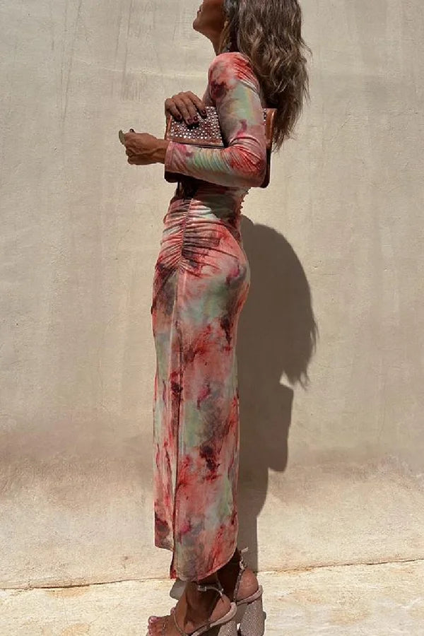 Damen Midi Kleid Langarm Rüsch Mesh Stretch Charm Lady Tie Dye