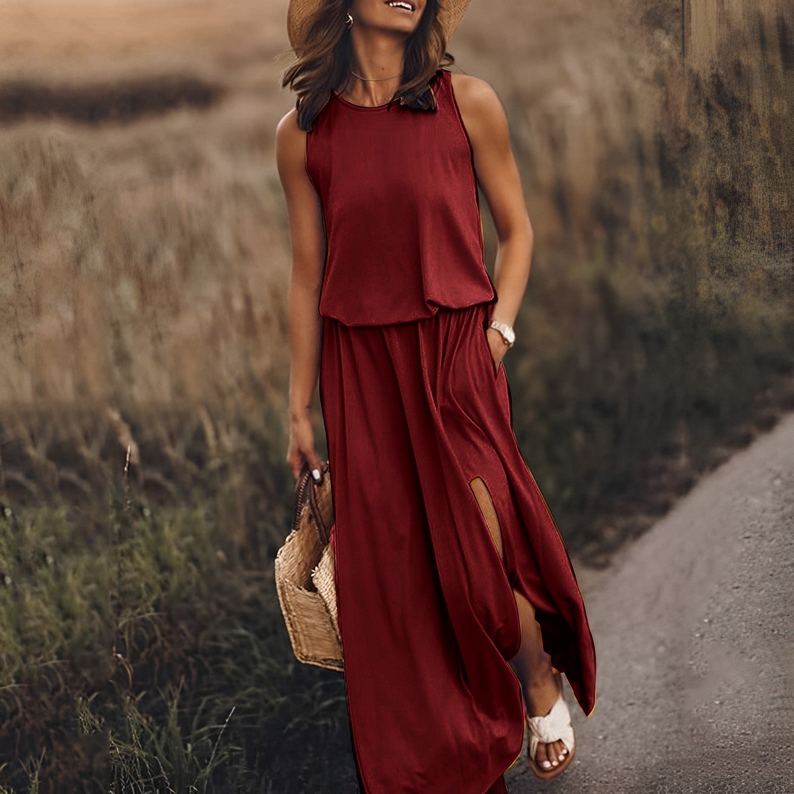 Damen Ärmelloses Maxikleid Rundhalsausschnitt Bequem Sommer Schwarz - Eveloria
