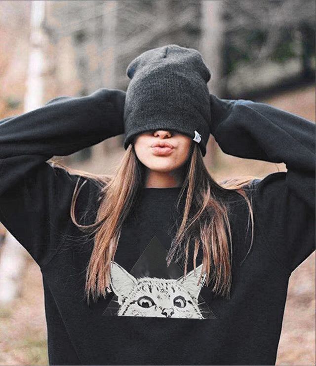 Damen Sweatshirt Katzenmotiv Geometrisches Design Eveloria - Eveloria