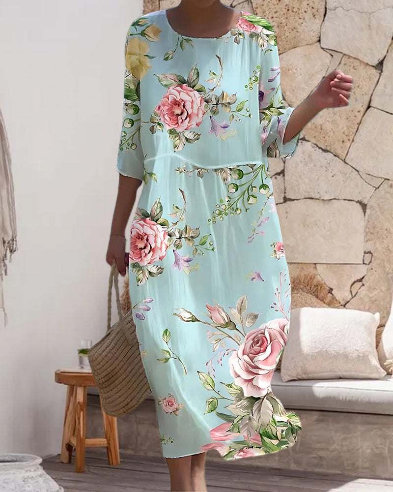 Eveloria Damen Midi Kleid Blumenmuster