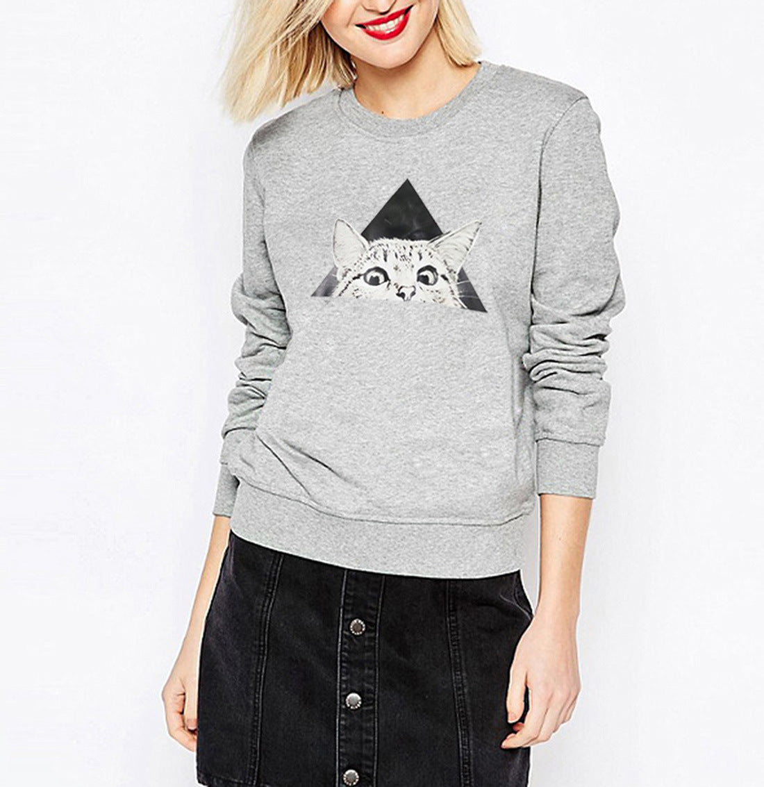 Damen Sweatshirt Katzenmotiv Geometrisches Design Eveloria