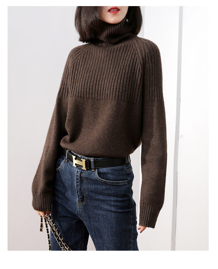 Damen Strickpullover Rippstruktur Hochkragen Eveloria