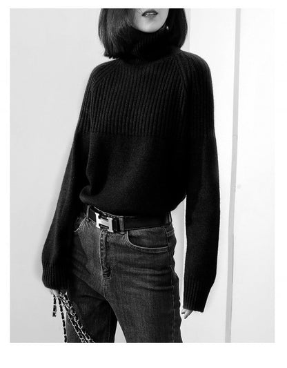 Damen Strickpullover Hochgeschlossener Kragen Rippstruktur Eveloria