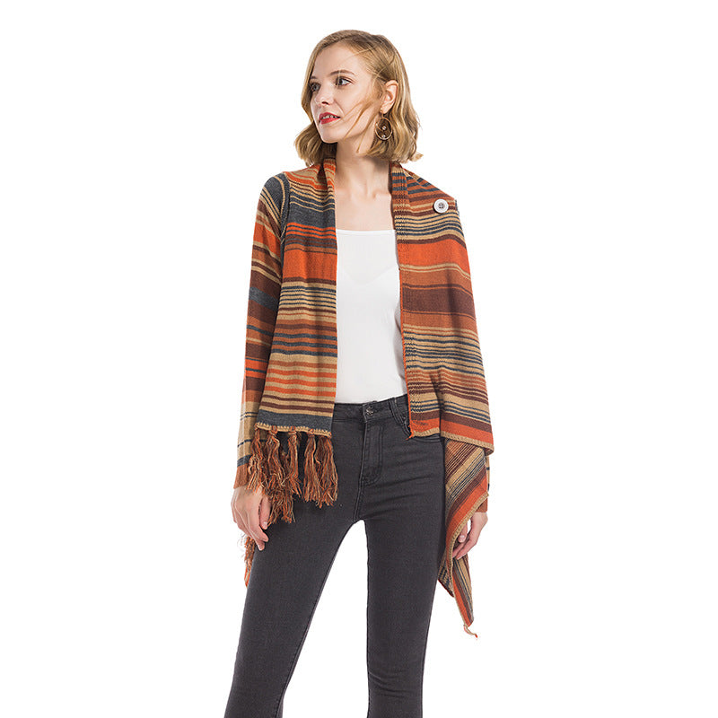 Damen Poncho mit Fransen Geometrisches Muster