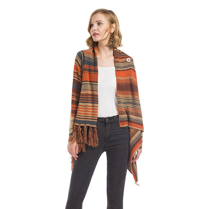 Damen Poncho mit Fransen Geometrisches Muster