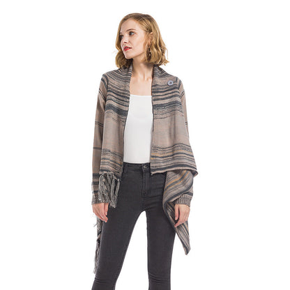 Damen Poncho mit Fransen Geometrisches Muster