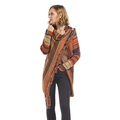 Damen Poncho mit Fransen Geometrisches Muster