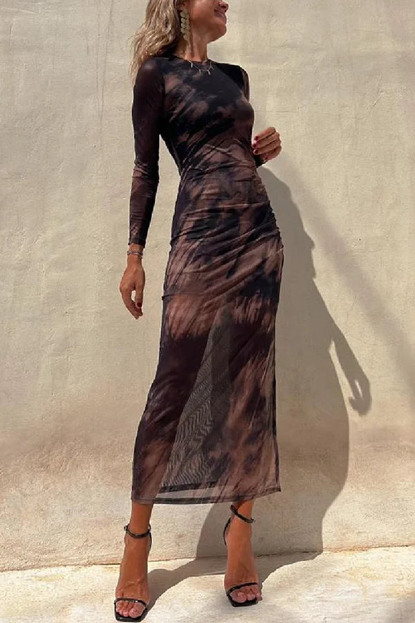 Damen Midi Kleid Langarm Rüsch Mesh Stretch Charm Lady Tie Dye