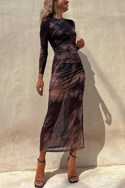 Damen Midi Kleid Langarm Rüsch Mesh Stretch Charm Lady Tie Dye