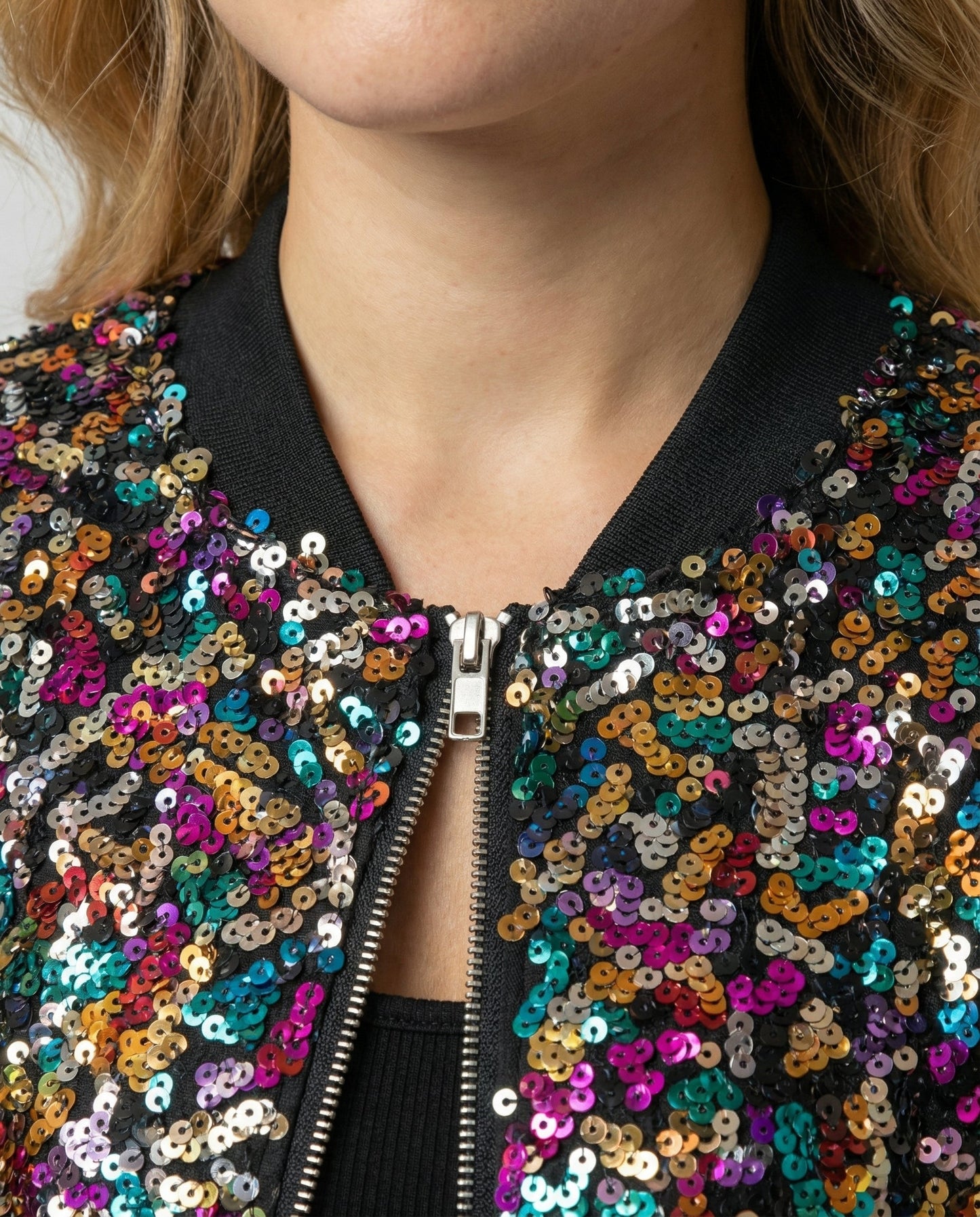 Damen Pailletten Bomberjacke Glitzer