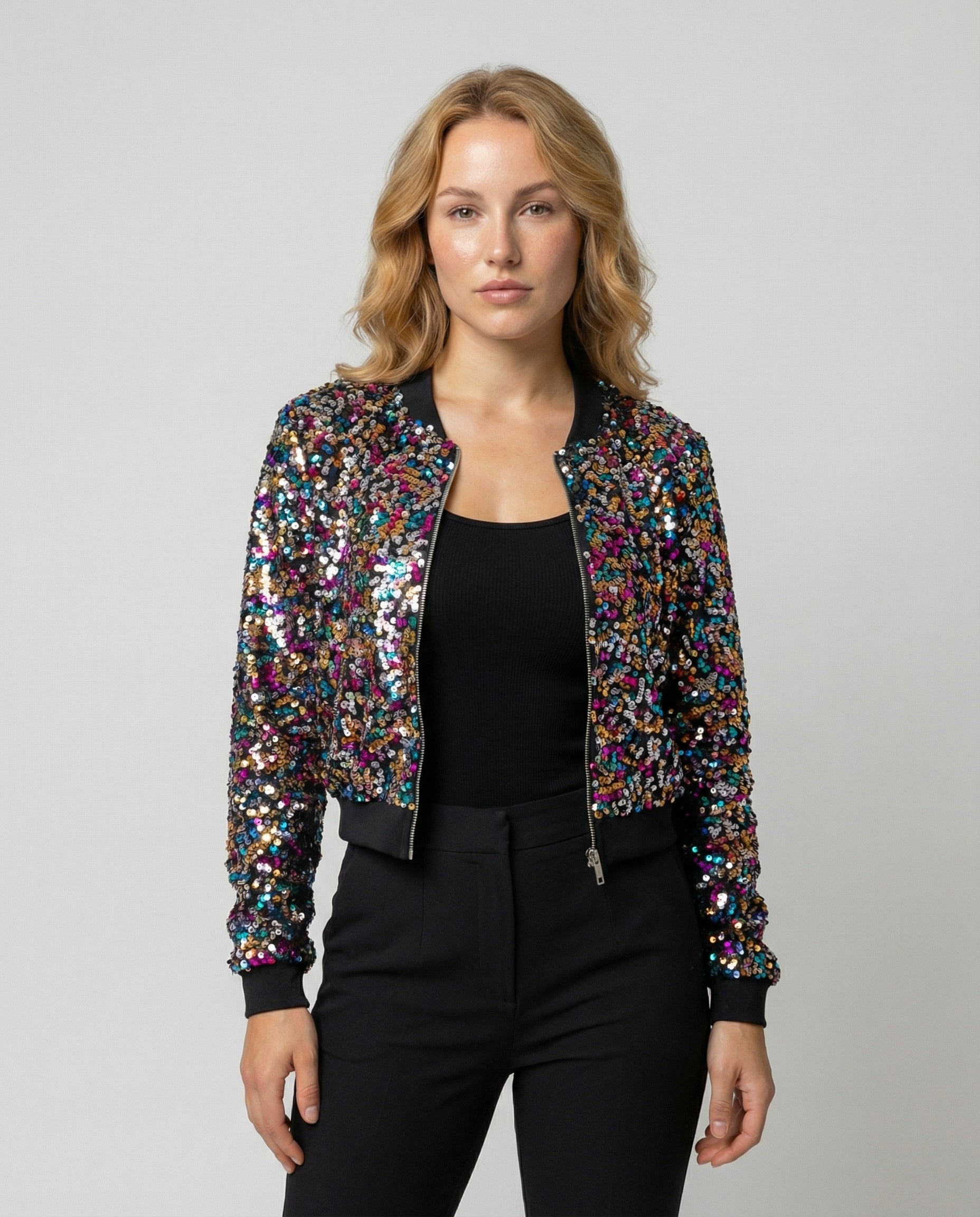 Damen Pailletten Bomberjacke Glitzer - Eveloria