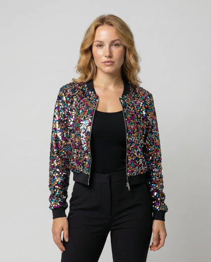 Damen Pailletten Bomberjacke Glitzer - Eveloria