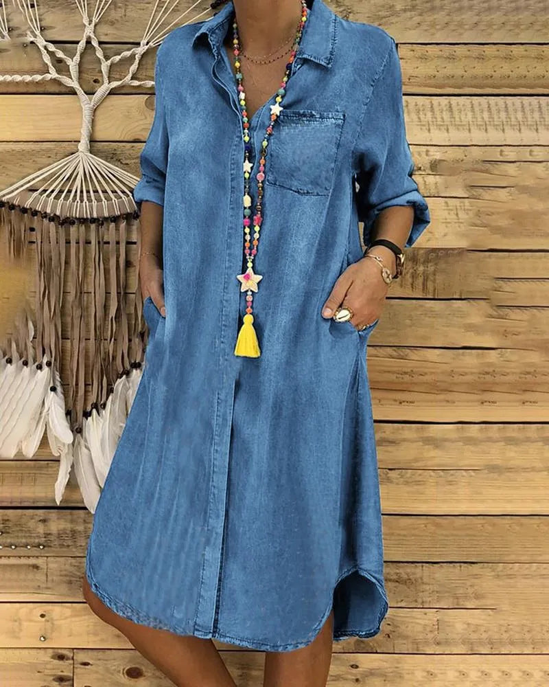 Eveloria Damen Jeans Midi-Kleid mit Umgeschlagenen Ärmeln und - Eveloria