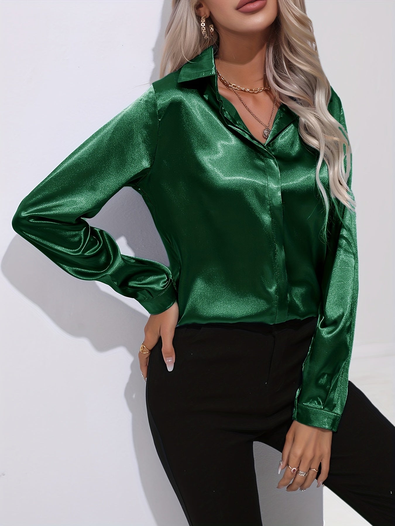 Damen Satin-Hemd Langer Ärmel Elegant Blau