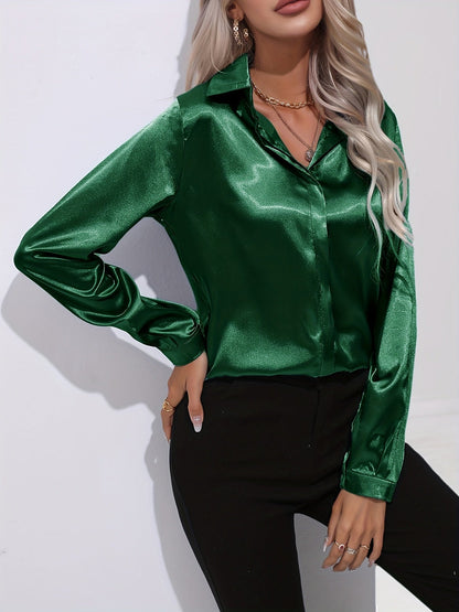 Damen Satin-Bluse Reverskragen Knopfleiste Eleganz