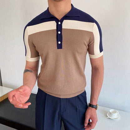 Herren Polo-Shirt Color-Block Baumwolle Blau Weiß